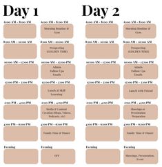 the day 1 and day 2 schedule for an upcoming event, with text overlaying it