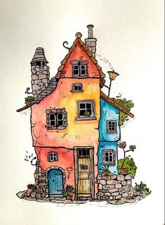 a watercolor drawing of a house with two windows and a cat on the roof