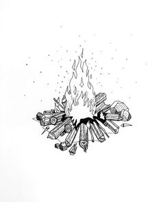 a black and white drawing of a fire with pencils in it's mouth