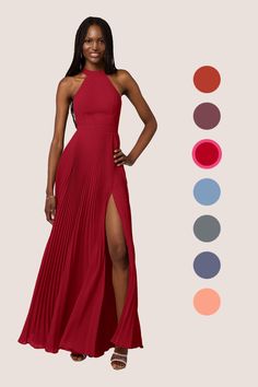 a woman in a long red dress standing next to color swatches