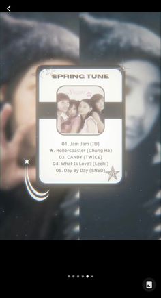 a person holding up a card with the words spring tune in front of them and an image of two people behind it