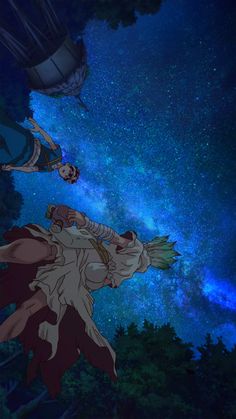 an animated image of two people flying through the air with stars in the sky behind them