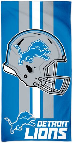 the detroit lions football helmet on a blue and white striped background is featured in this image