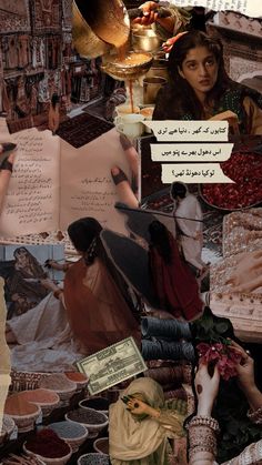 the collage has many different pictures and words on it, including women in traditional clothing