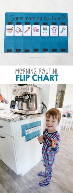 a little boy standing in front of a stove top oven next to a sign that says morning routine flip chart