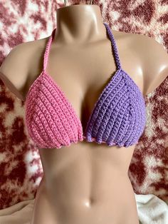 This pink & purple split color bikini top can fit cup sizes B & C and can be a micro bikini on D cups. This top is perfect for the beach and any other fun occasion! Crochet Bikini, Pink Purple, Purple, Clothes For Women, Crochet, Pink, Clothes, Color