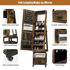 the full length make up mirror is shown with all its contents in it's storage compartment