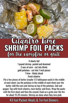 the recipe for shrimp foil packs is shown in red and white with an image of corn on