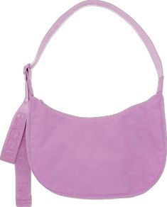 A pinkish purple crescent shaped nylon handbag with an adjustable strap. Pink Tote Baguette Bag, Pink Hobo Bag For Daily Use, Versatile Pink Shoulder Bag For Everyday, Pink Shoulder Bag With Single Strap, Pink Shoulder Bag With Adjustable Strap, Pink Shoulder Bag With Adjustable Strap For Daily Use, Versatile Purple Bag With Adjustable Strap, Everyday Pink Canvas Shoulder Bag, Everyday Pink Pouch Baguette Bag