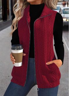 Color:Wine Red;Size:S;Size:M;Size:L;Size:XL;Size:XXL;Package Contents:1 X Waistcoat; Red Vest Outfit, White Basic Top, Elegant Dresses Plus Size, Sleeveless Waistcoat, Stylish Tops For Women, Trendy Fashion Tops, Plus Size Outerwear, Jacquard Knit, Plaid Tops