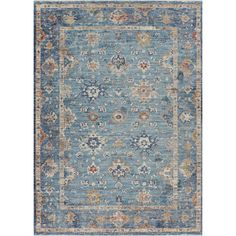 a blue rug with an ornate design on the top and bottom, in different colors