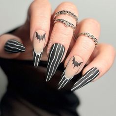 Press on Nails, Bat Press on Nails, Goth Press on Nails, Matte Nails, Black and White Stripe Nails, Bats, Gothic Press on Nails, Silver - Etsy Bat Nails, Black Halloween Nails, Horror Nails, Spooky Nails, Fab Nails, Nail Board, Halloween Acrylic Nails