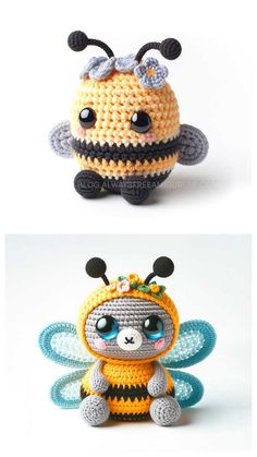 crocheted stuffed animals are shown in three different colors