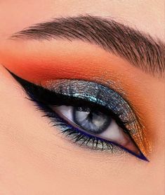 Blue And Orange Makeup, Rainbow Eye Makeup, Eye Makeup Images, Orange Makeup, Makeup Inspired, Eye Makeup Looks, Glitter Eye Makeup