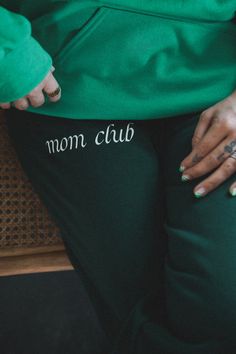 Mom Club cursive green sweatpants. Pairs perfectly with our mom club green sweatpants. Runs TTS so please size up for an oversized fit. Casual Green Sweatpants With Letter Print, Green Sporty Sweatpants With Letter Print, Sporty Green Sweatpants With Letter Print, Green Letter Print Cotton Sweatpants, Green Cotton Sweatpants With Letter Print, Green Sporty Bottoms With Letter Print, Sporty Green Bottoms With Letter Print, Sweat Set Outfit, Stylish Sweatpants Outfits