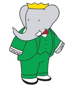 an elephant with a crown on its head is wearing green pants and a gold tiara