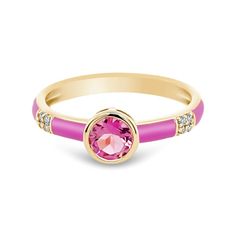 14K Yellow Gold Enamel Ring with  Birthstone and Diamond Pink Formal Enamel Ring, Yellow Gold Round Enamel Ring With Gemstone, Round Multi-stone Enamel Jewelry, Fine Jewelry Pink Enamel Ring, Fine Jewelry Black Enamel Round Ring, Pink Enamel Ring Fine Jewelry, Fine Jewelry Black Enamel Ring, Fine Pink Enamel Rings, Gemstone Enamel Ring