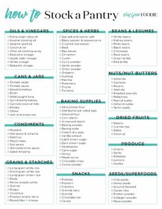 how to stock a pantry grocery list with the text overlay that reads, how to stock a pantry