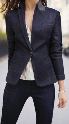 Denim is not only for jeans. Keep your look fresh this season with our tailored denim blazer. Pair this piece with a silky blouse and slacks for a must have 9 to 5 and beyond look | Banana Republic Prep Style, Denim Blazer, Peak Lapel, Work Style, Suit Style, Work Clothes, Work Wardrobe, Work Attire, Comfortable Outfits