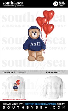 a teddy bear wearing a hoodie and holding two red heart balloons with the word aoi on it