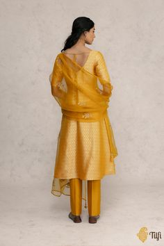 Yellow Brocade Banarasi Handloom Suit Set with Hand-embroidered Dupatt - Tilfi Weaving Process, Organza Dupatta, Silk Dupatta, Suit Designs, Yellow Fabric, Silk Skirt, Suit Set