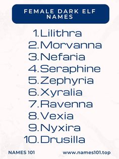 the names of female dark elf names in blue and white, on a white background