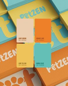 several different color swatches are stacked on top of each other, with the word petzen written across them