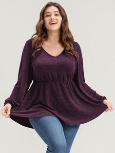 BloomChic Plus size clothing for women. You'll actually want to wear. Shop women's clothing sizes 10-30. With new styles added daily, you'll always find something to love. Free shipping on order $69. Free return for first order. Just shop now. Color:Eggplant,Dim Gray Type:T-shirts Season:Winter Womens Trendy Tops, Long Tee, Plus Size Kleidung, Neck Ruffle, Lantern Sleeve, Womens Clothing Sizes, Casual Top, Lantern Sleeves, Plus Size Casual