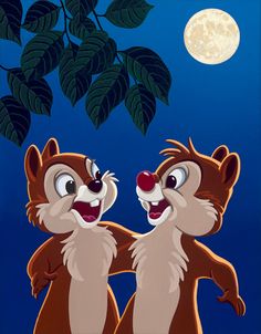 two cartoon animals standing next to each other in front of a tree with the moon behind them