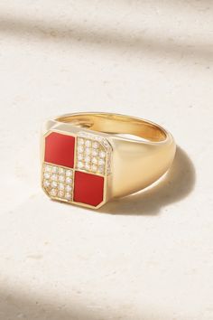 A vibrant ring like Yvonne Léon's 'Mini Damier' style deserves to be shown off with every opportunity. Crafted from 9-karat gold in a chunky signet shape, it's set with agate and rows of twinkling gray diamonds to create a chequered design. Match your manicure to the brick shade. Luxury Enamel Ring With Polished Finish, Luxury Enamel Gemstone Ring For Gift, Luxury Diamond Enamel Ring, Luxury Red Multi-stone Rings, Luxury Diamond Enamel Ring With Polished Finish, Luxury White Gold Enamel Ring In 14k Gold, Luxury Red Diamond Ring With Polished Finish, Luxury Enamel Rings For Formal Occasions, Luxury 14k Yellow Gold Enamel Ring