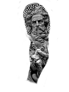 a black and white photo of a man's arm with an image of the greek god