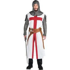 Crusader Costume, King And Queen Costume, Costume Chevalier, Medieval Outfit, Party City Costumes, Warrior Costume, Plus Size Halloween Costume, Knight Costume, Red Tunic