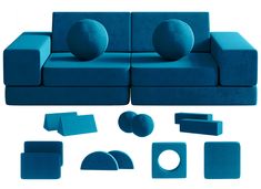 a blue couch with several different shapes and sizes