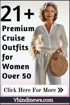 a woman holding a basket with the words 21 + premium cruise outfits for women over 50