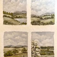 four paintings of trees and hills in the distance with clouds above them, on a piece of paper