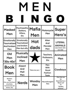 a black and white image of men's bingo game with words in the middle