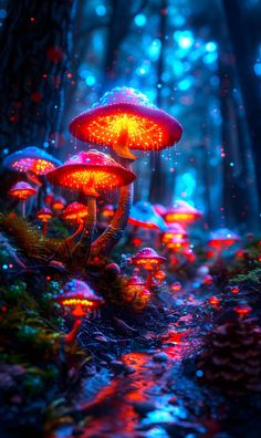 a group of mushrooms that are on the ground in the dark forest with bright lights