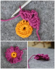 the crochet flower is being worked on