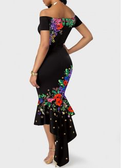 Retro Flower Print Off the Shoulder Black Sheath Dress | modlily.com - USD $31.45 Africa Attire, Latina Dress, Disney Savings, Maxi Frocks, Black Mermaid Dress, Kitenge Designs, Fiesta Dress, Black Mermaid, Fashion Dresses Online