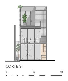 an architectural drawing of a three story building with plants growing in the windows and on the second floor