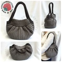 three pictures of the same handbag with different handles and straps, one has a knitted bow at the top