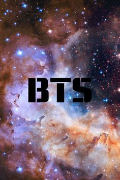 the words bts are in front of an image of stars and space with bright lights