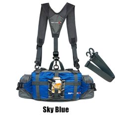 an image of a blue bag with suspenders and harnesses on the straps, which are attached to each other