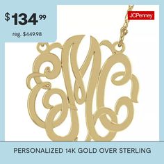 Monogram necklace turns your initials into a work of art for an accent that's truly personal. Wear your own initials, or those of someone you love. Initials will appear exactly as entered. Must be three letters, center initial will be enlarged.Dimensions 18" long rope chainPendant Size: 40mmPersonalize: Up to 3 script initials; initials will appear exactly as entered; center initial will be enlargedFeatures: Monogrammable, PersonalizedJewelry Closure: Spring Ring ClaspShape: RoundMetal Color: Y… Love Initials, Monogram Pendant Necklace, Script Initial, Monogram Pendant, Long Rope, Monogram Necklace, Spring Rings, Jewellery And Watches, Pendant Necklaces