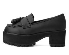 Black TUKskin™ Fringe Loafer Platform Loafer Platform, Loafer Heels, Punk Inspiration, Shoes Outlet, Heeled Loafers, Lug Sole, Shoe Store, Belt Size, Vegan Friendly