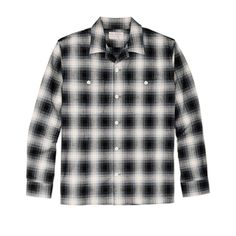 Made with sturdy 7-oz. cotton, our Elk Heights Camp Shirt is ideal for three-season wear. The sturdy flannel fabric is brushed for comfort from the first day. The camp collar is unstructured, sewn directly to the shirt so it lays flat and open. This comfortable design originated in warm climates and is sometimes known as a Cuban collar. Characteristic of camp shirts, the hem is straight for casual untucked wear. Dual knife pleats in the rear shoulder provide ease of motion. Buttons secure the no-flap chest pockets. Button-adjustable cuffs. | Filson Elk Heights Camp Shirt BlkGryShdw Size Large Classic Cotton Flannel Shirt For Winter, Classic Long Sleeve Camp Shirt With Relaxed Fit, Classic Long Sleeve Cotton Camp Shirt, Classic Relaxed Fit Flannel Tops, Black Cotton Relaxed Fit Flannel Shirt, Classic Flannel Tops With Relaxed Fit, Black Relaxed Fit Flannel Top, Fall Cotton Button-up Camp Shirt, Classic Flannel Shirt With Relaxed Fit