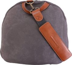 a gray and brown bag with a leather strap