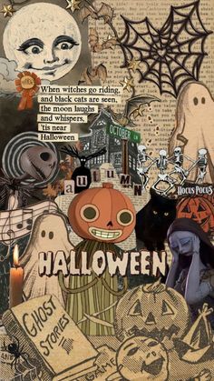 halloween collage with pumpkins, ghostes and other things on it's side