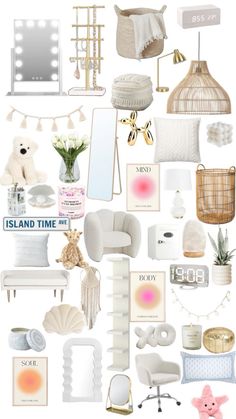 a collage of white furniture and accessories with pink flowers in the center, on a white background