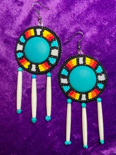 Beautiful handmade beaded earrings using Miyuki seed beads, turquoise and bone beads. Backed with faux leather and finished with stainless steel ear wire. Turquoise Beaded Heishi Beads Earrings, Turquoise Heishi Beads Beaded Earrings, Handmade Beaded Earrings, Handmade Earrings Beaded, Necklace Patterns, Bone Beads, Ear Wire, Beaded Earrings, Bead Work